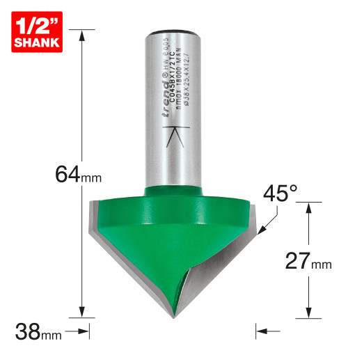 Chamfer V groove cutter angle=45 degrees (C045BX1/2TC)