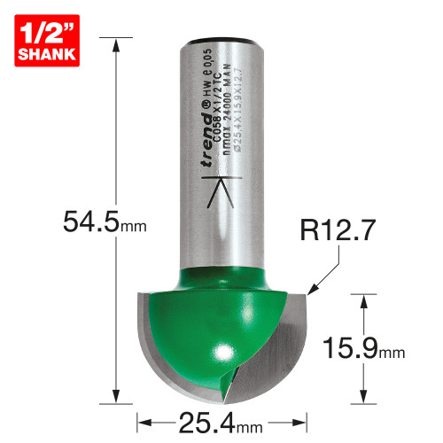 Radius 12.7mm radius x 25.4mm diameter  (C058X1/2TC)