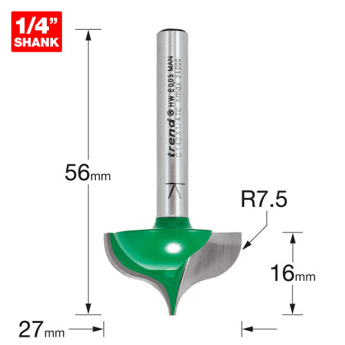 Ogee mould 7.5mm radius x 27mm diameter  (C142X1/4TC)