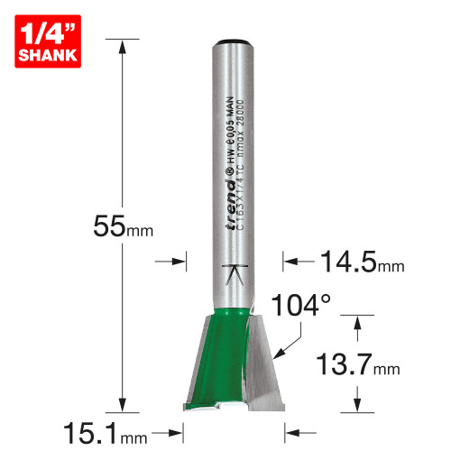 Dovetail 15mm diameter x 104 degrees spurs  (C163X1/4TC)