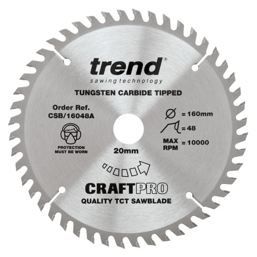 Trend Craft Pro 160mm diameter 20mm bore 48 tooth fine finish cut saw blade for hand held circular saws (CSB/16048A)