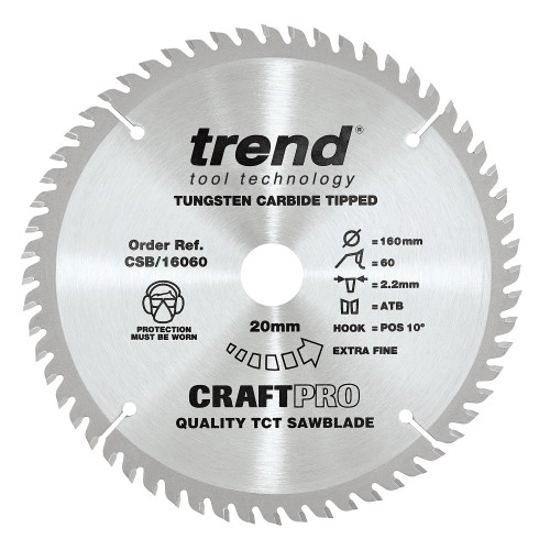 The Craft Pro 160mm diameter 20mm bore 60 tooth fine finish cut saw blade for hand held circular saws (CSB/16060)