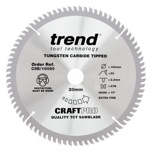 Craft Pro 160mm diameter 20mm bore 60 tooth fine finish cut saw blade for hand held circular saws (CSB/16080)