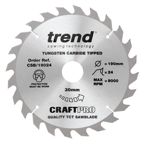 Trend Craft Pro 190mm diameter 30mm bore 24 tooth combination cut saw blade for hand held circular saws. (CSB/19024)
