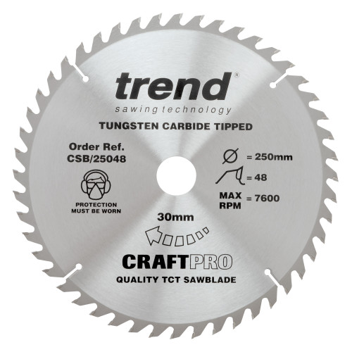 Trend Craft Pro 250mm diameter 30mm bore 48 tooth general purpose saw blade for table saws. (CSB/25048)