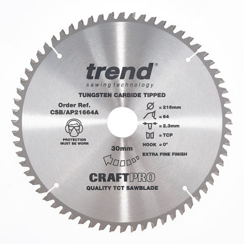 Craft saw blade aluminium and plastic 216mm x 64 teeth x 30mm  (CSB/AP21664A)