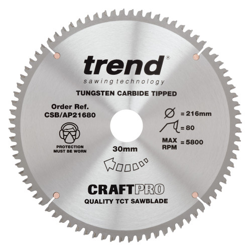 Craft saw blade aluminium and plastic 216mm x 80 teeth x 30mm  (CSB/AP21680)