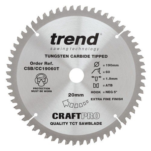 Craft saw blade crosscut 190mm x 60 teeth x 20mm thin (CSB/CC19060T)