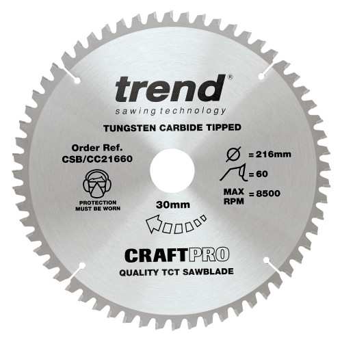 Trend Craft Pro 216mm diameter 30mm bore 60 tooth fine finish cut saw blade for hand held circular saws (CSB/CC21660)