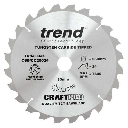Craft saw blade crosscut 250mm x 24 teeth x 30mm  (CSB/CC25024)