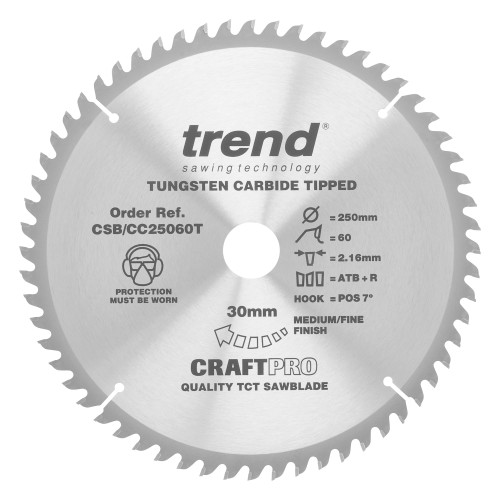 Craft saw blade crosscut 250mm x 60 teeth x 30mm thin  (CSB/CC25060T)