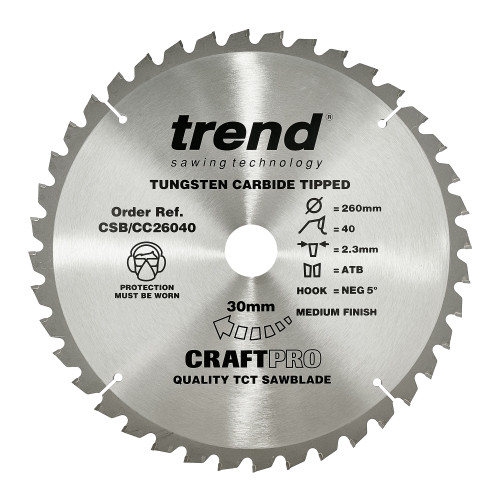 Craft saw blade crosscut 260mm x 40 teeth x 30mm  (CSB/CC26040)