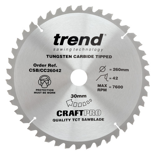 Craft saw blade crosscut 260mm x 42 teeth x 30mm  (CSB/CC26042)