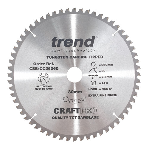 Craft saw blade crosscut 260mm x 60 teeth x 30mm  (CSB/CC26060)