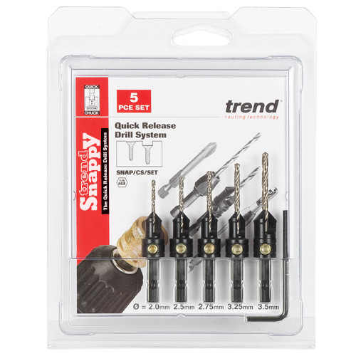 Trend Snappy 5 piece countersink set - makes pilot holes and countersinks in one go for faster, professional finishes. For No4 to No12 gauge screws (SNAP/CS/SET)