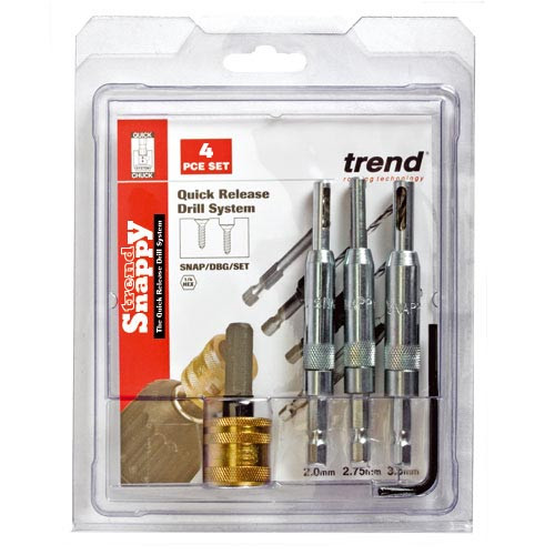 Trend Drill Bit Guides 4 piece set - for accurately drilling pilot holes centrally to any countersink fitting such as hinges or lock faceplates. (SNAP/DBG/SET)