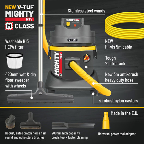 V-TUF MIGHTY M-Class Wet & Dry Dust Extractor 21L (110V) Health & Safety Version