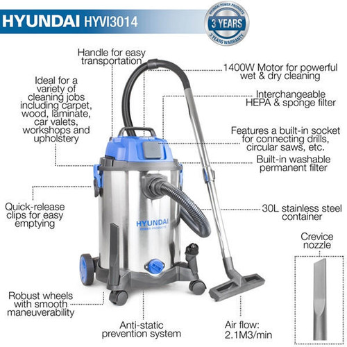 Hyundai HYVI3014 1400W 3 IN 1 Wet & Dry Electric Vacuum Cleaner