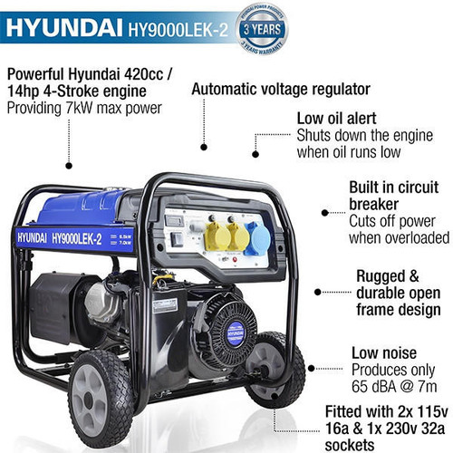 Hyundai HY9000LEK-2 7kW /9.4kVa Site Petrol Generator Recoil & Electric Start