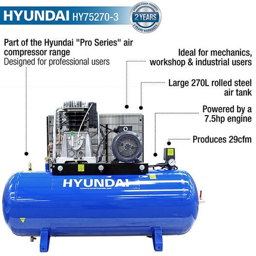 Hyundai 270 Litre Air Compressor, 21CFM/145psi, 3-Phase Pro-series 7.5hp | HY75270-3