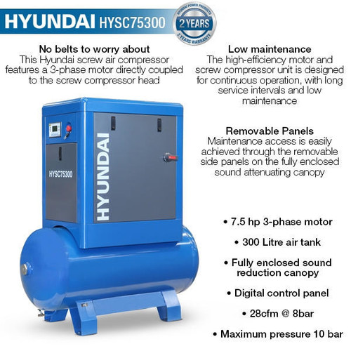 Hyundai 7.5hp 300 Litre Screw Compressor | HYSC75300