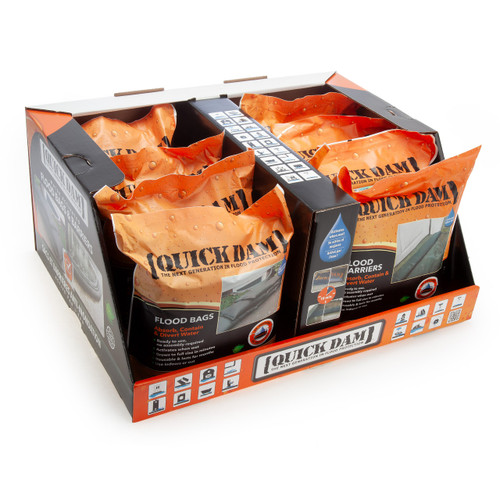 Quick Dam 24 Flood Bags and 4 Flood Barriers in a Counter Top Display