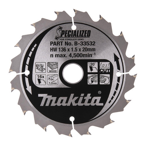 Makita B-33532 Specialized Circular Saw Blade for Wood 136 x 20mm x 16T