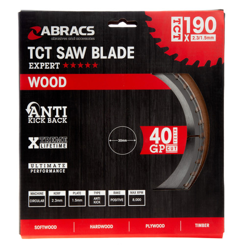 Abracs TCT19040 TCT Circular Saw Blade for Wood 190 x 30mm x 40T