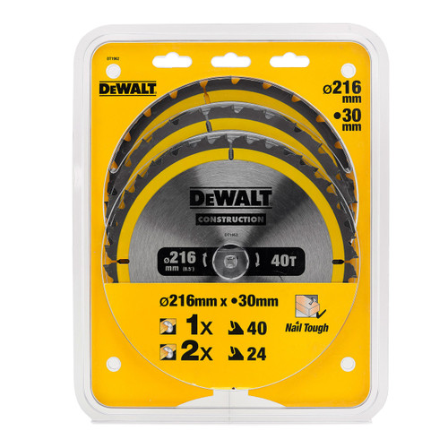 Dewalt DT1962 Construction Circular Saw Blade Triple Pack 216 x 30mm x 24T & 40T (3 Pack)