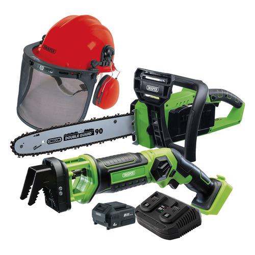 Draper 99763 D20 20V Cordless Chainsaw & Pruning Saw Kit with Helmet (2 x 4.0Ah Batteries)