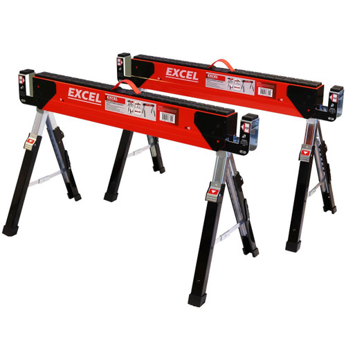 Excel 6288 Heavy Duty Steel Folding Sawhorse with Adjustable Legs Twin Pack 1178kg Capacity