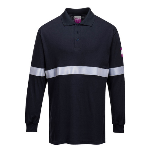 Flame Resistant Anti-Static Long Sleeve Polo Shirt with Reflective Tape (Navy)