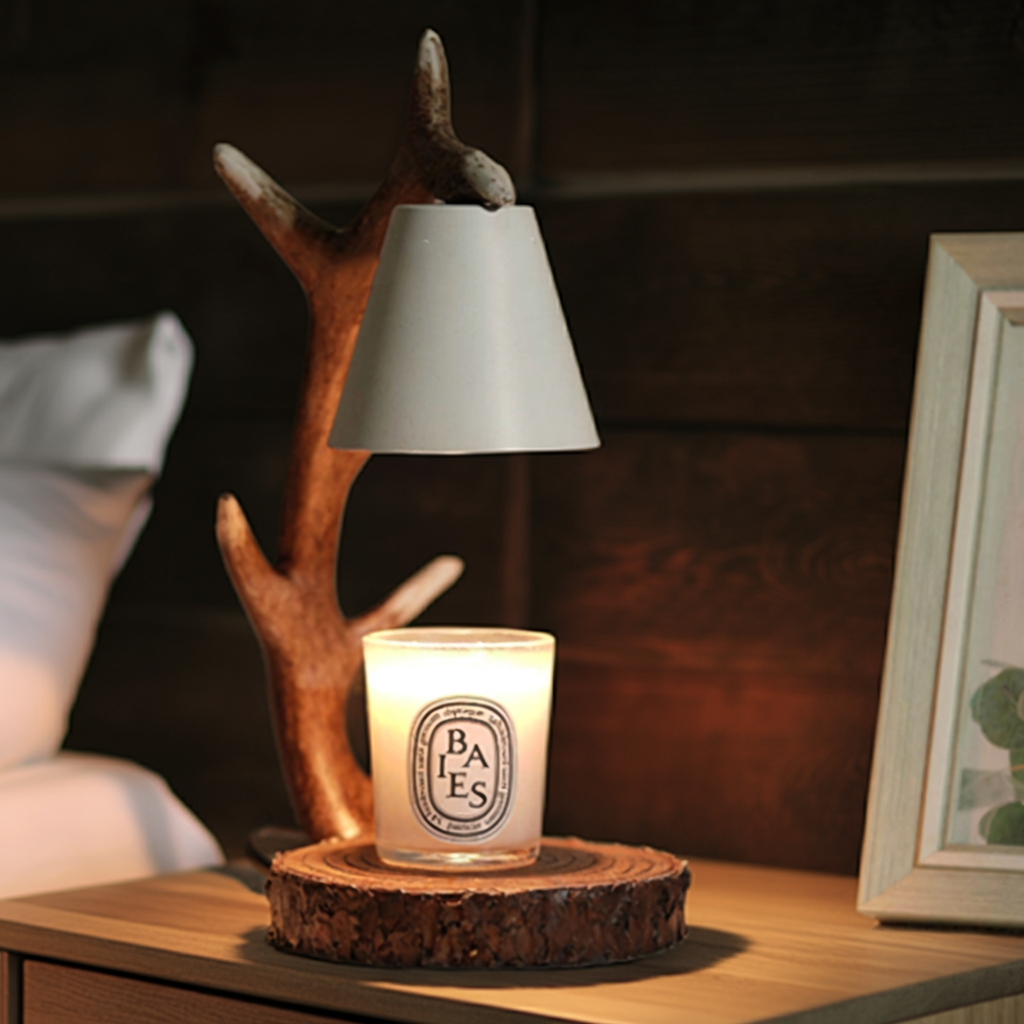 Antler themed candle warming lamp gently melts candles or wax melts using a halogen bulb—no flame, smoke, or soot. Features real wood base, timer, and adjustable brightness.