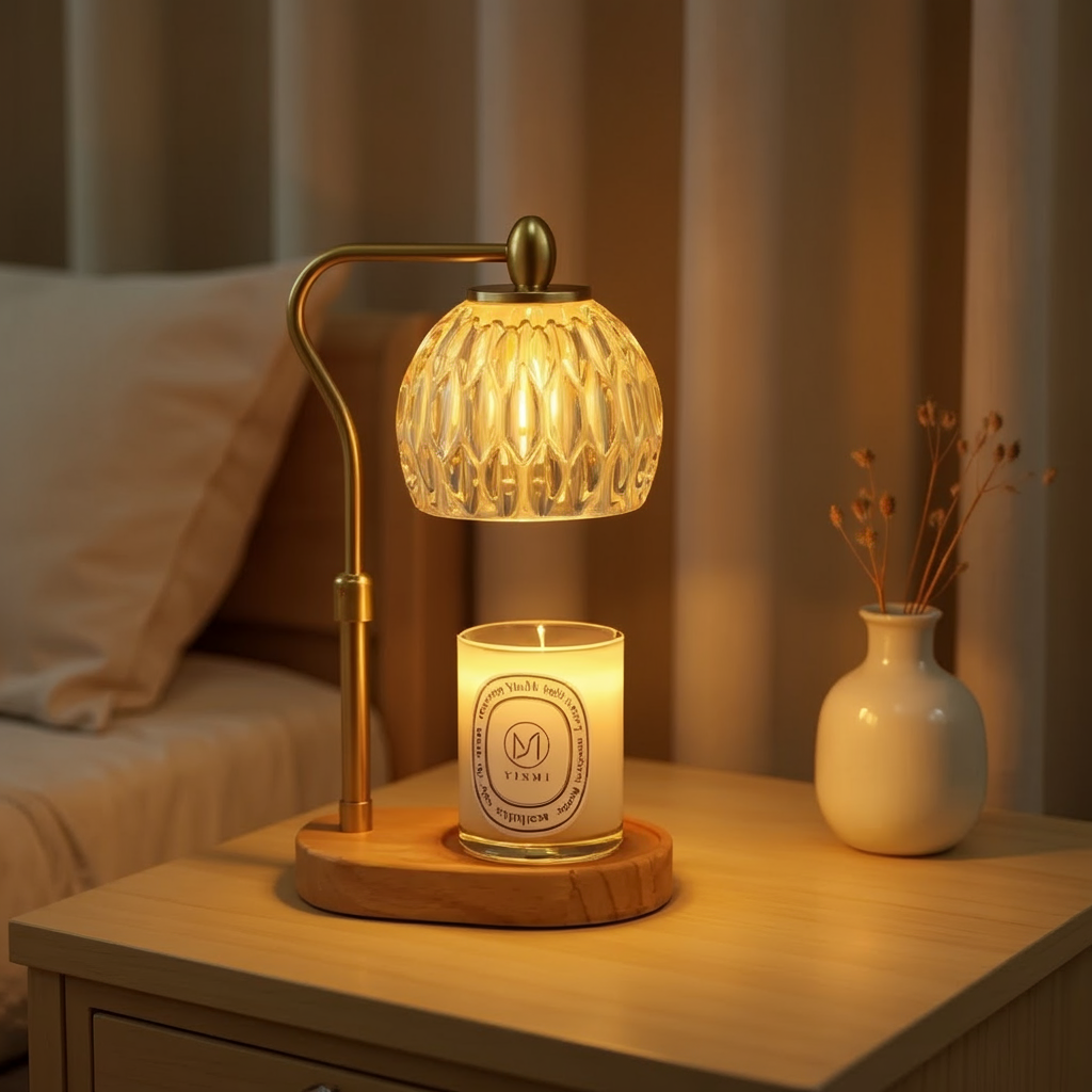 Candle warmer lamp glass lampshade amber crystal wood base candyl