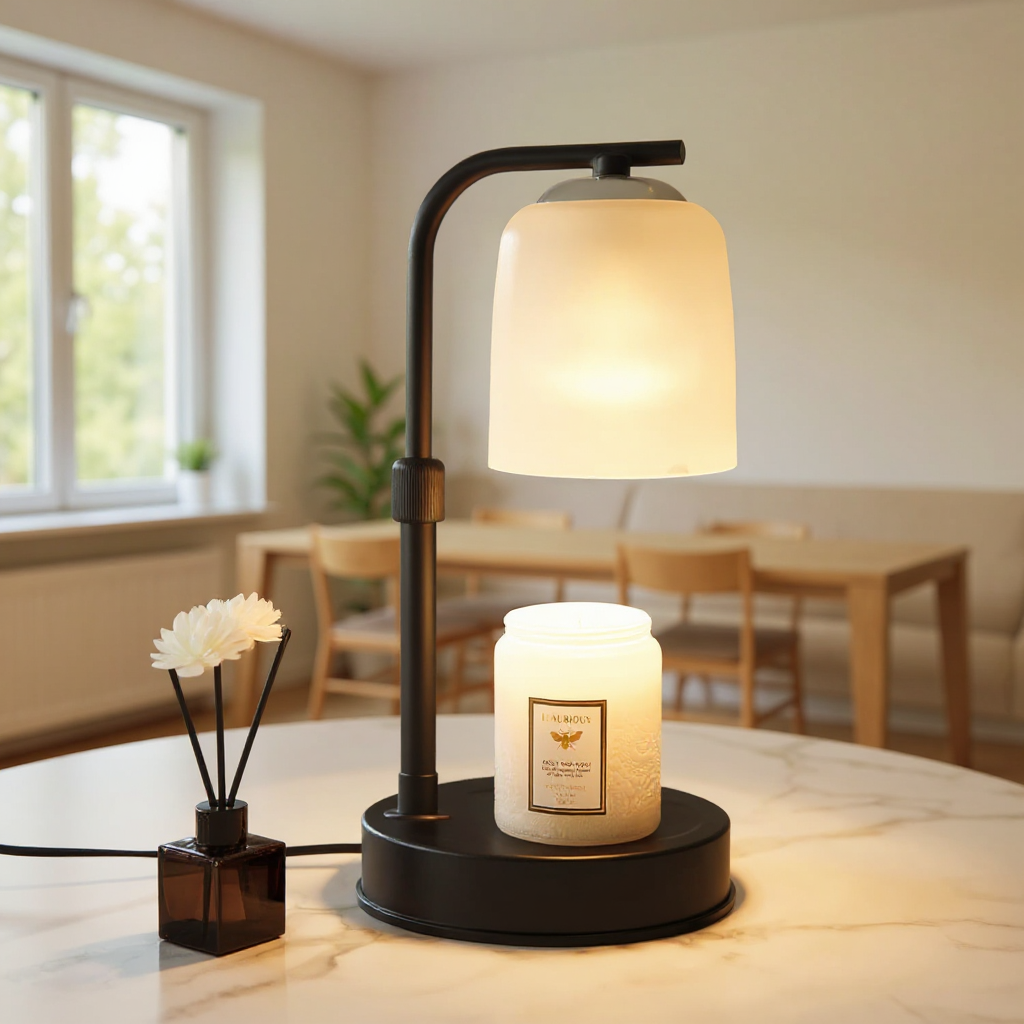 Candyl Frost Warming Lamp with frosted glass shade gently melts candles or wax melts using a halogen bulb—no flame, smoke, or soot. Features real wood base, timer, and adjustable brightness.