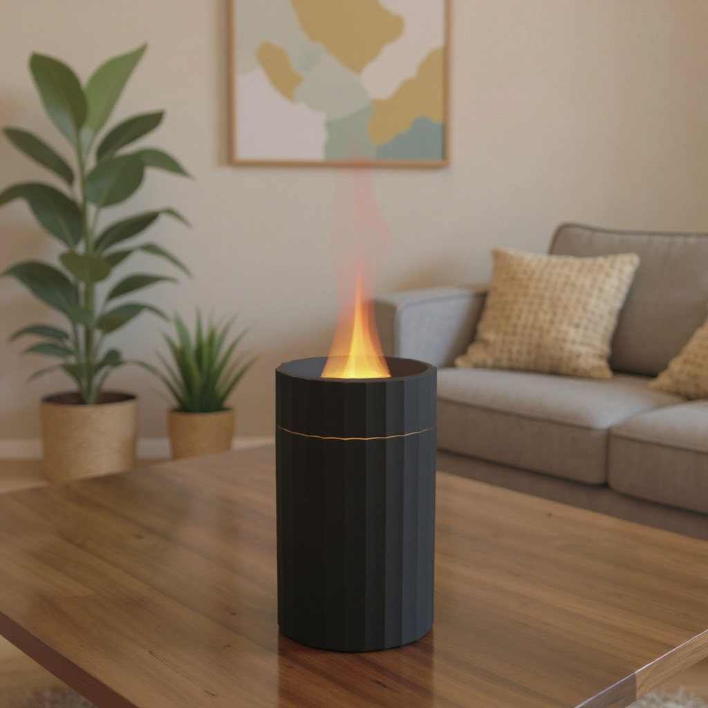 Candyl Mini is a compact essential oil diffuser with a realistic flame effect, 7-color mood lighting, auto shutoff, and USB-C power. Fits perfectly in car cup holders.