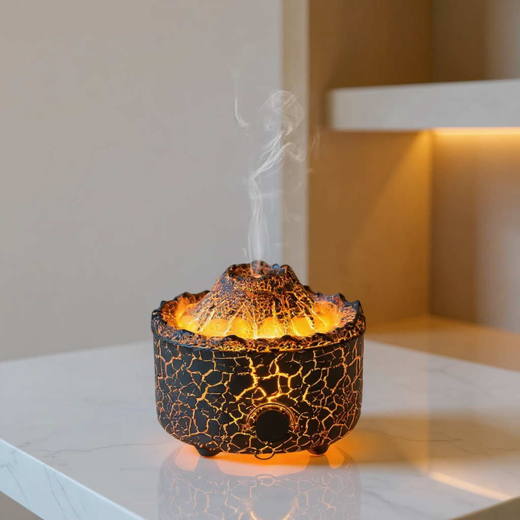 Candyl Volcano Max is a large essential oil diffuser with 360° volcanic visuals, adjustable mist speeds, remote control, and an XL 19oz tank for extended diffusion.