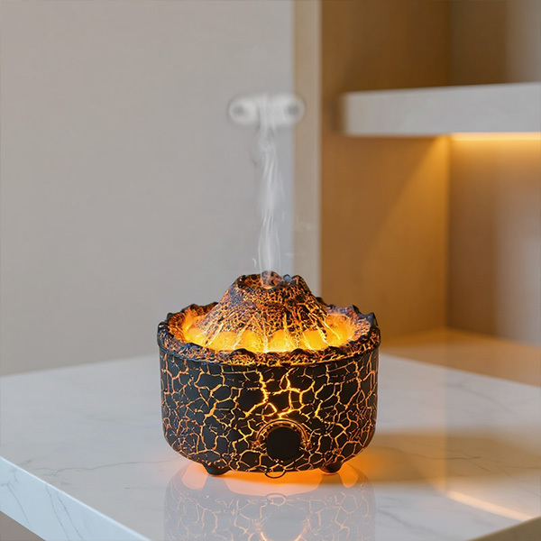 Candyl Volcano Max is a large essential oil diffuser with 360° volcanic visuals, adjustable mist speeds, remote control, and an XL 19oz tank for extended diffusion.