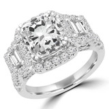 Cushion Diamond Vintage Heart Detail Cushion Halo Three-Stone Engagement Ring in White Gold (MD200155)