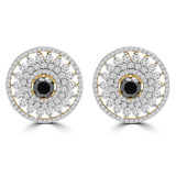 Round Black Diamond 6-Prong Double Floral Halo Stud Earrings in Yellow Gold (MD230171)
