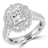 Cushion Diamond Vintage Floral Halo Engagement Ring in White Gold with Accents (MD230126)