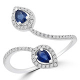Round Blue Sapphire & Round Diamond Two Stone Pear Halo Cocktail Ring in White Gold (MD190321)