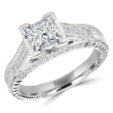 Princess Lab Created Diamond Vintage Cathedral Diamond Accent Bridge and Prongs Solitaire with Accents Engagement Ring in White Gold (MVSLG1047-W)