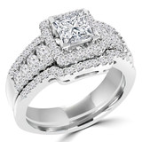 Princess Lab Created Diamond Three-Row Square Halo Engagement Ring and Wedding Band Set Ring in White Gold (MVSLG1111-W)