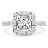 Princess Lab Created Diamond Cathedral Open Bridge V-Prong Cushion Halo Engagement Ring in White Gold (MVSLG1171-W)