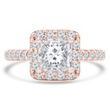 Princess Diamond Cathedral Cushion Halo Engagement Ring in Rose Gold with Accents