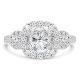 Cushion Diamond Vintage Three-Stone Halo Engagement Ring in White Gold with Accents