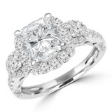 Cushion Diamond Vintage Three-Stone Halo Engagement Ring in White Gold with Accents