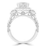 Cushion Diamond Vintage Three-Stone Halo Engagement Ring in White Gold with Accents