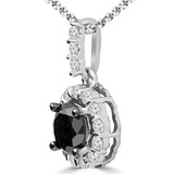 Round Black Diamond Halo Pendant Necklace in White Gold (MDR130012)